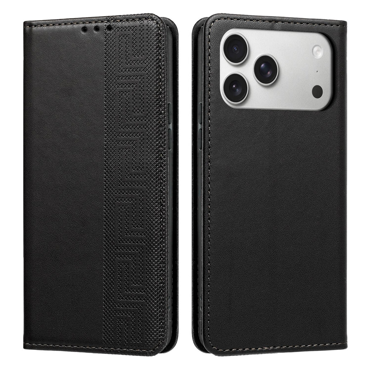 Compatible with iPhone 18 Pro Embossed Meander Pattern RFID Vegan Leather Phone Case - Black