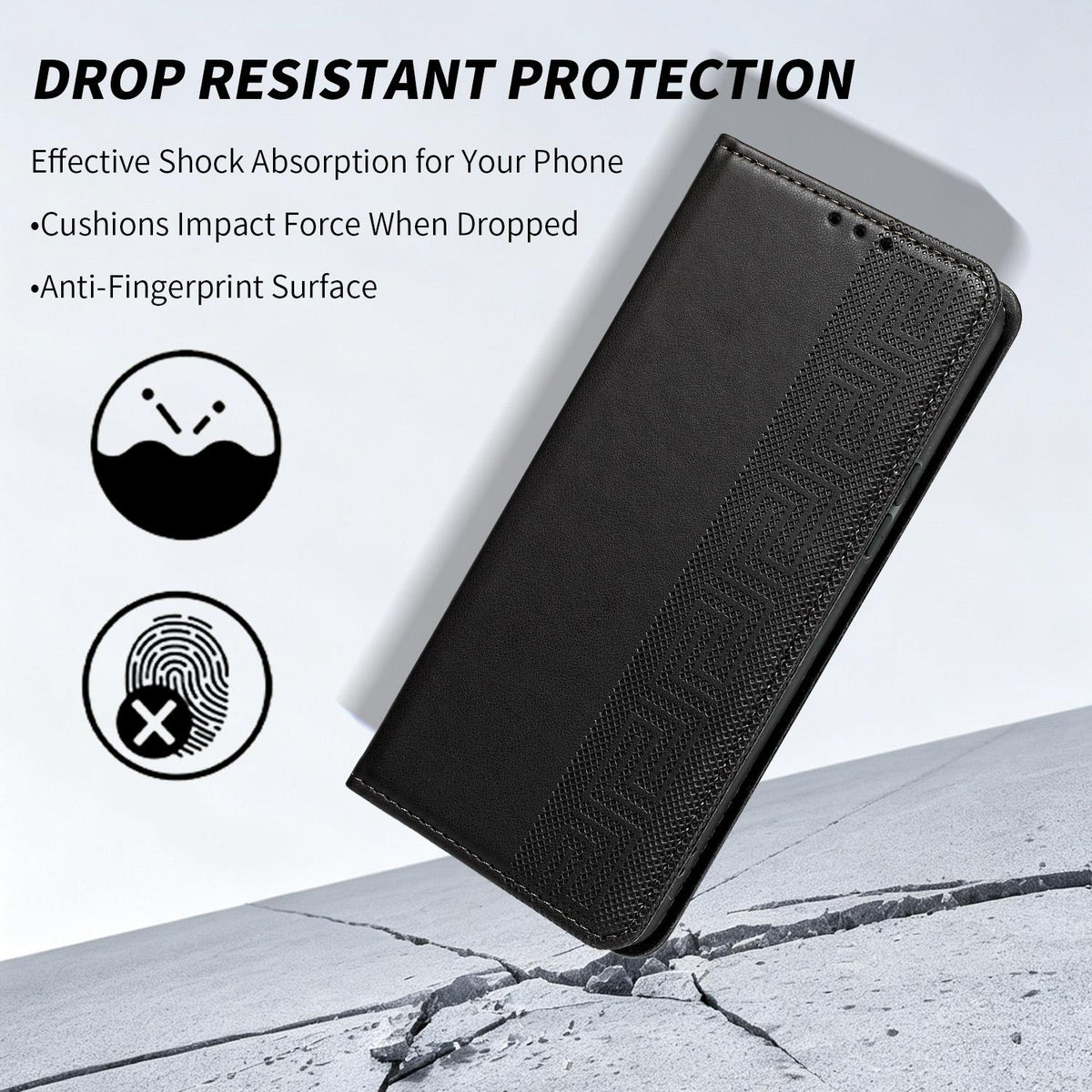 Compatible with iPhone 18 Pro Embossed Meander Pattern RFID Vegan Leather Phone Case - Black