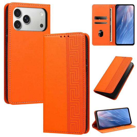 Compatible with iPhone 18 Pro Max Embossed Meander Pattern RFID Vegan Leather Phone Case - Orange
