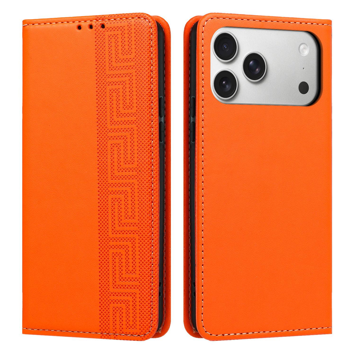 Compatible with iPhone 18 Pro Max Embossed Meander Pattern RFID Vegan Leather Phone Case - Orange