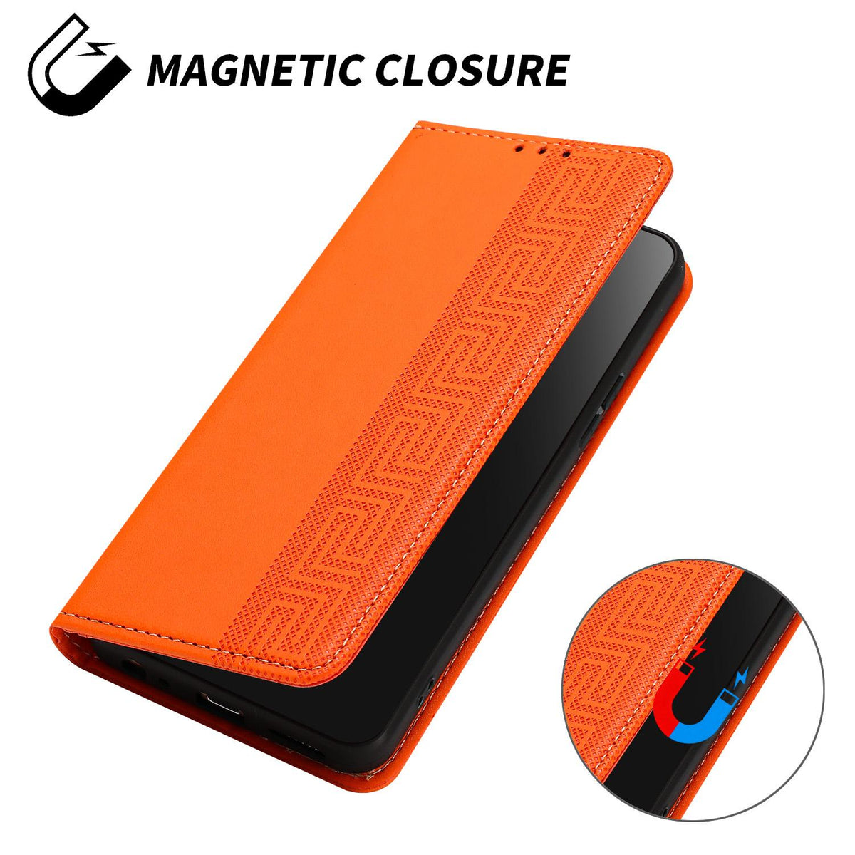 Compatible with iPhone 18 Pro Max Embossed Meander Pattern RFID Vegan Leather Phone Case - Orange