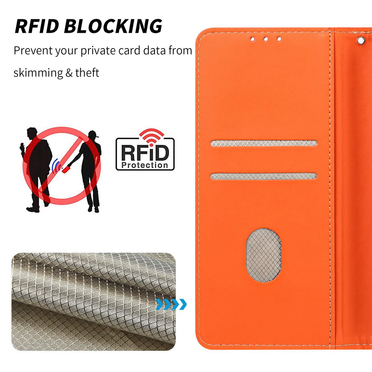 Compatible with iPhone 18 Pro Max Embossed Meander Pattern RFID Vegan Leather Phone Case - Orange