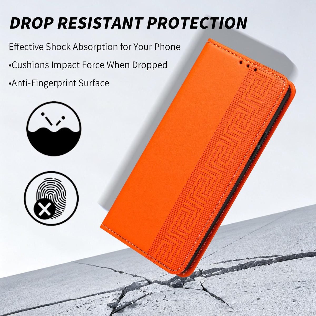 Compatible with iPhone 18 Pro Max Embossed Meander Pattern RFID Vegan Leather Phone Case - Orange