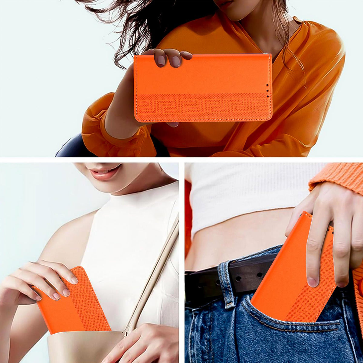 Compatible with iPhone 18 Pro Max Embossed Meander Pattern RFID Vegan Leather Phone Case - Orange
