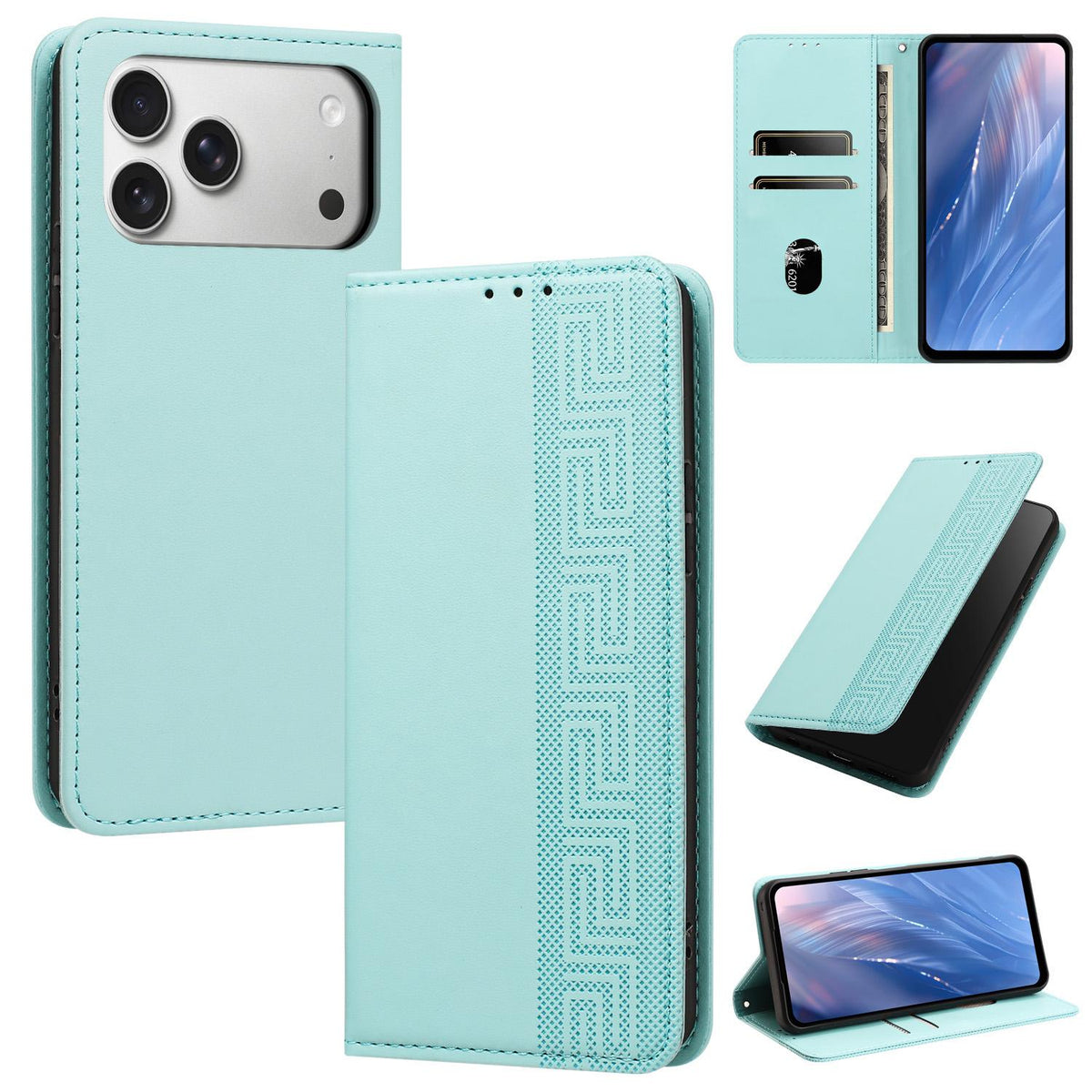 Compatible with iPhone 18 Pro Max Embossed Meander Pattern RFID Vegan Leather Phone Case - Mint Green