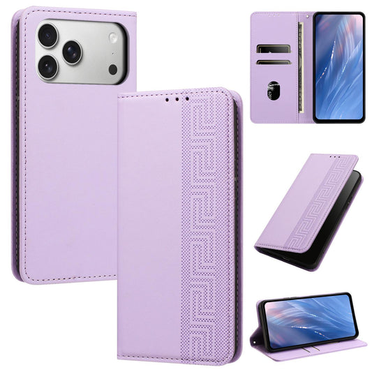 Compatible with iPhone 18 Pro Max Embossed Meander Pattern RFID Vegan Leather Phone Case - Light Purple