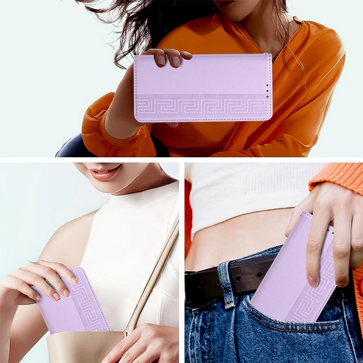 Compatible with iPhone 18 Pro Max Embossed Meander Pattern RFID Vegan Leather Phone Case - Light Purple
