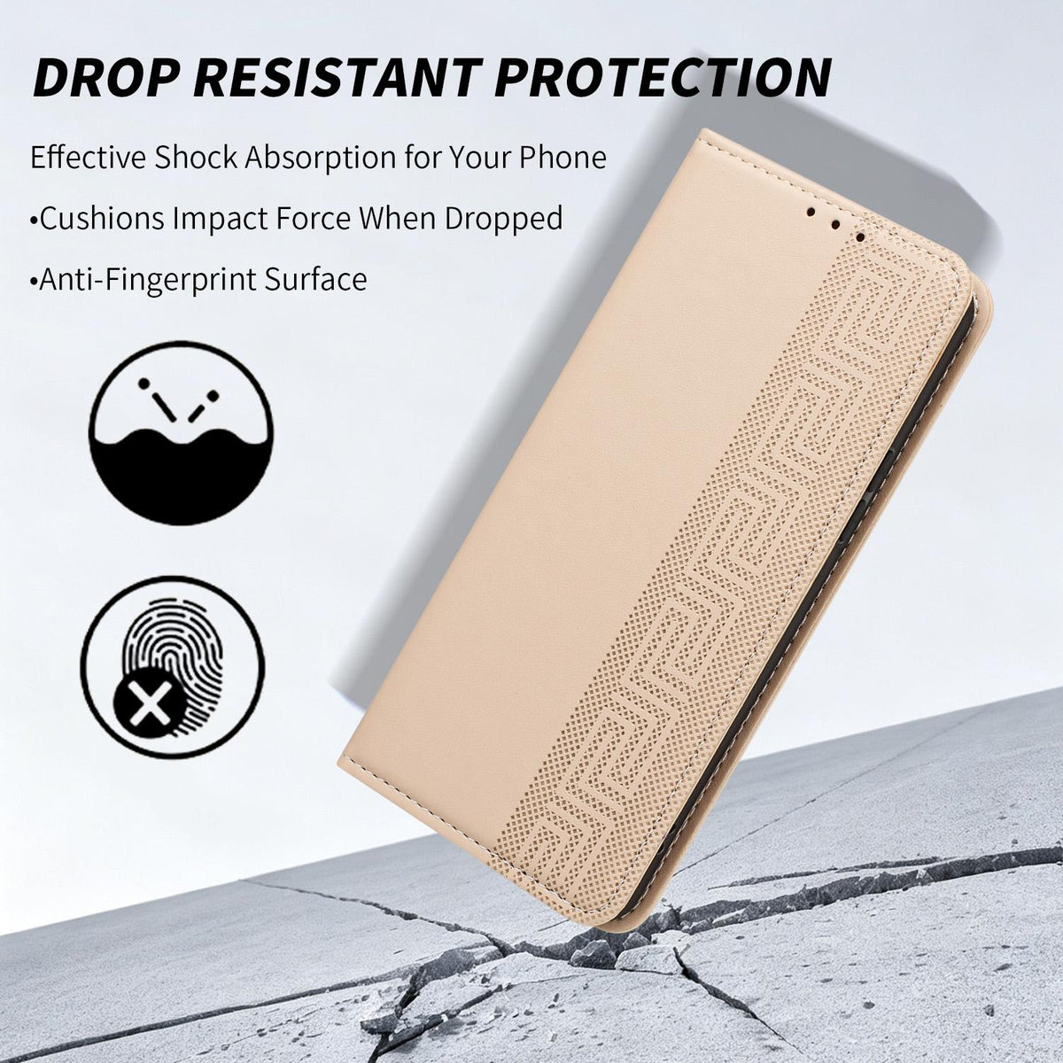 Compatible with iPhone 18 Pro Max Embossed Meander Pattern RFID Vegan Leather Phone Case - Beige