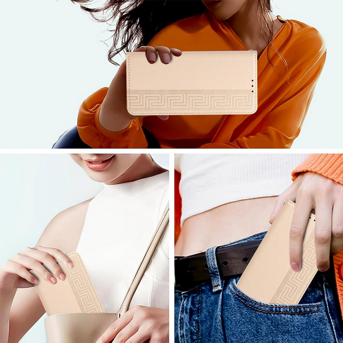 Compatible with iPhone 18 Pro Max Embossed Meander Pattern RFID Vegan Leather Phone Case - Beige
