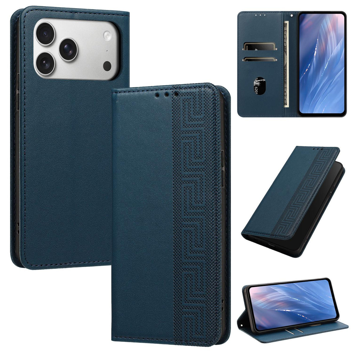 Compatible with iPhone 18 Pro Max Embossed Meander Pattern RFID Vegan Leather Phone Case - Dark Blue