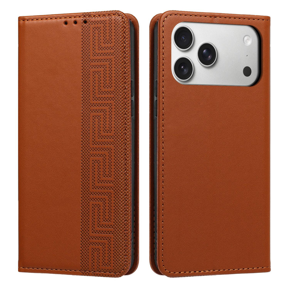 Compatible with iPhone 18 Pro Max Embossed Meander Pattern RFID Vegan Leather Phone Case - Brown