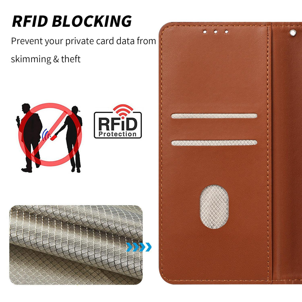Compatible with iPhone 18 Pro Max Embossed Meander Pattern RFID Vegan Leather Phone Case - Brown
