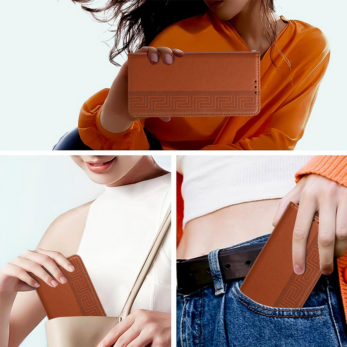 Compatible with iPhone 18 Pro Max Embossed Meander Pattern RFID Vegan Leather Phone Case - Brown