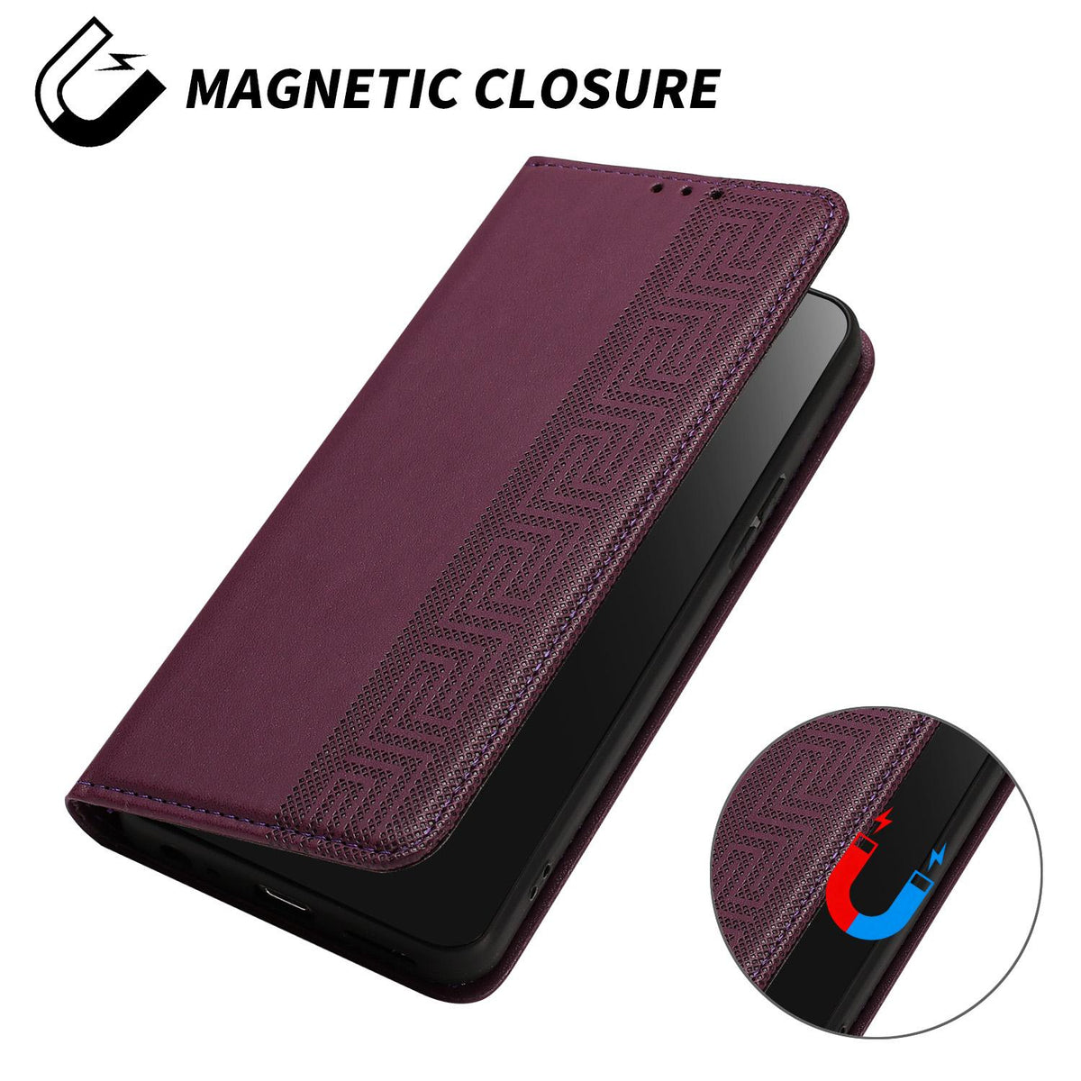 Compatible with iPhone 18 Pro Max Embossed Meander Pattern RFID Vegan Leather Phone Case - Dark Purple