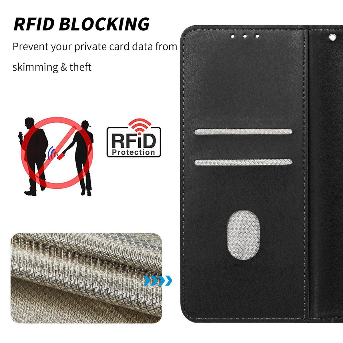 Compatible with iPhone 18 Pro Max Embossed Meander Pattern RFID Vegan Leather Phone Case - Black