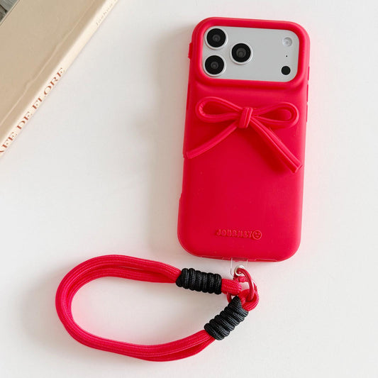 Compatible with iPhone 18 Pro Max & 17 Pro Max Bow TPU Dual-Layer PC Bulge Phone Case with Lanyard - Red