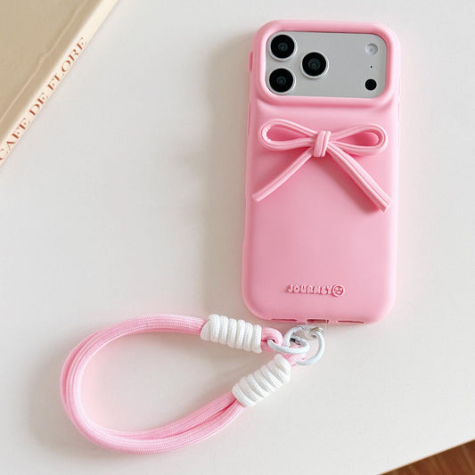 Compatible with iPhone 18 Pro Max & 17 Pro Max Bow TPU Dual-Layer PC Bulge Phone Case with Lanyard - Pink