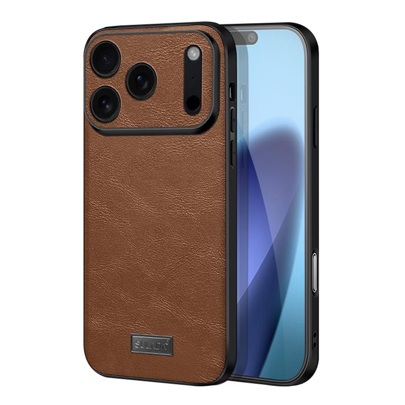 Compatible with iPhone 18 Pro Max SULADA Shockproof TPU Dual-Layer Handmade Leather Precise Hole Phone Case - Brown