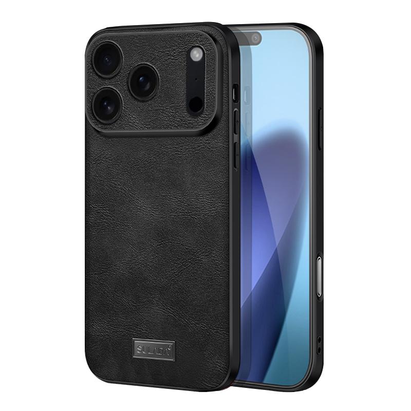 Compatible with iPhone 18 Pro Max SULADA Shockproof TPU Dual-Layer Handmade Leather Precise Hole Phone Case - Black