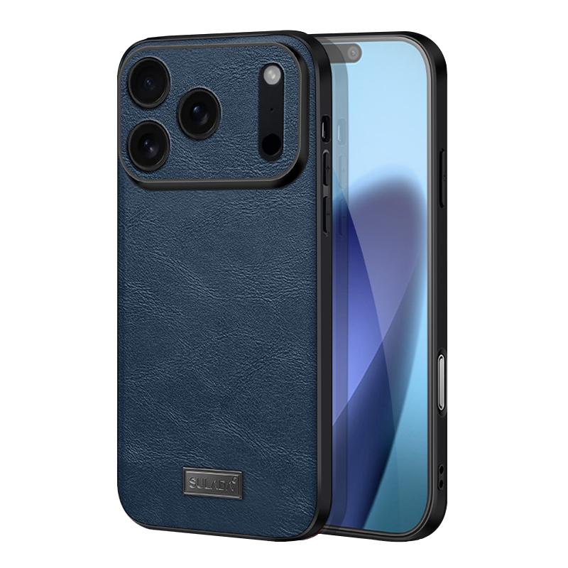 Compatible with iPhone 18 Pro Max SULADA Shockproof TPU Dual-Layer Handmade Leather Precise Hole Phone Case - Blue