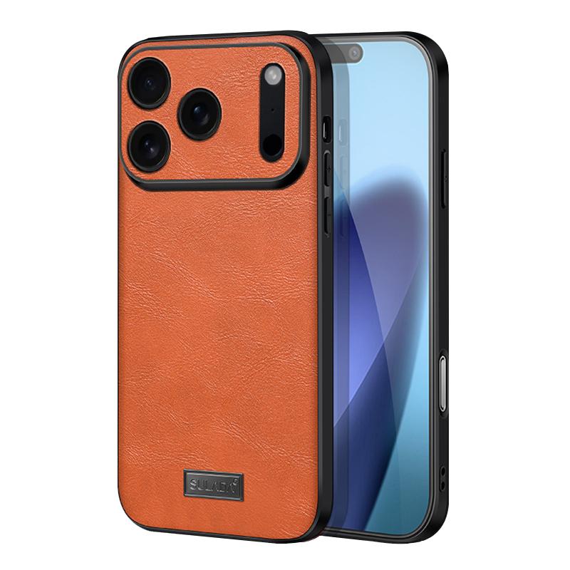 Compatible with iPhone 18 Pro SULADA Shockproof TPU Dual-Layer Handmade Leather Precise Hole Phone Case - Orange