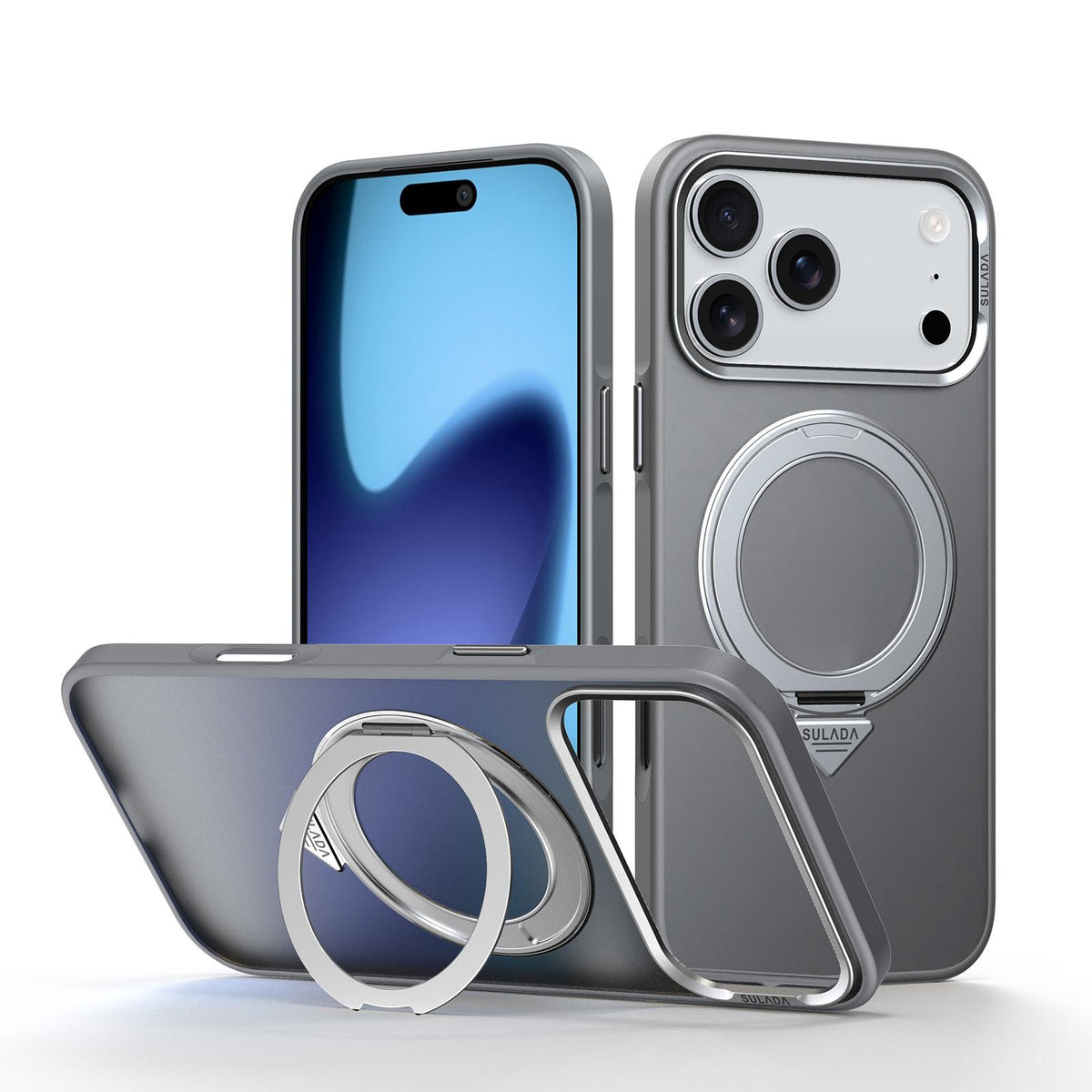 Compatible with iPhone 18 Pro Max SULADA 360 Degree Rotation Holder Frosted Magnetic Phone Case - Gray
