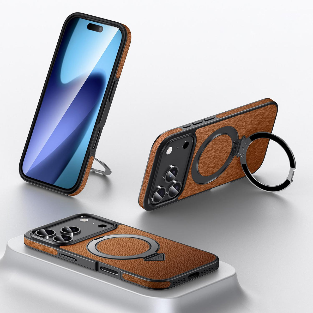 Compatible with iPhone 18 Pro Max SULADA Top Grain Leather MagSafe Magnetic Holder Phone Case - Brown