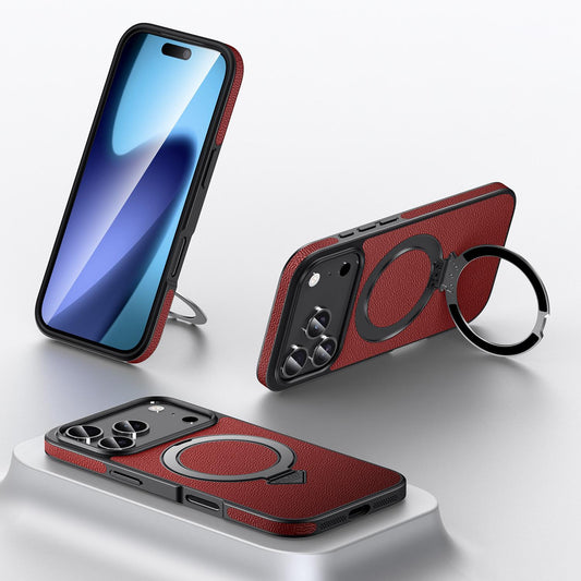 Compatible with iPhone 18 Pro Max SULADA Top Grain Leather MagSafe Magnetic Holder Phone Case - Red