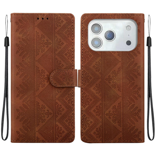 Compatible with iPhone 18 Pro Max Ethnic Pattern Embossed Vegan Leather Phone Case - Brown