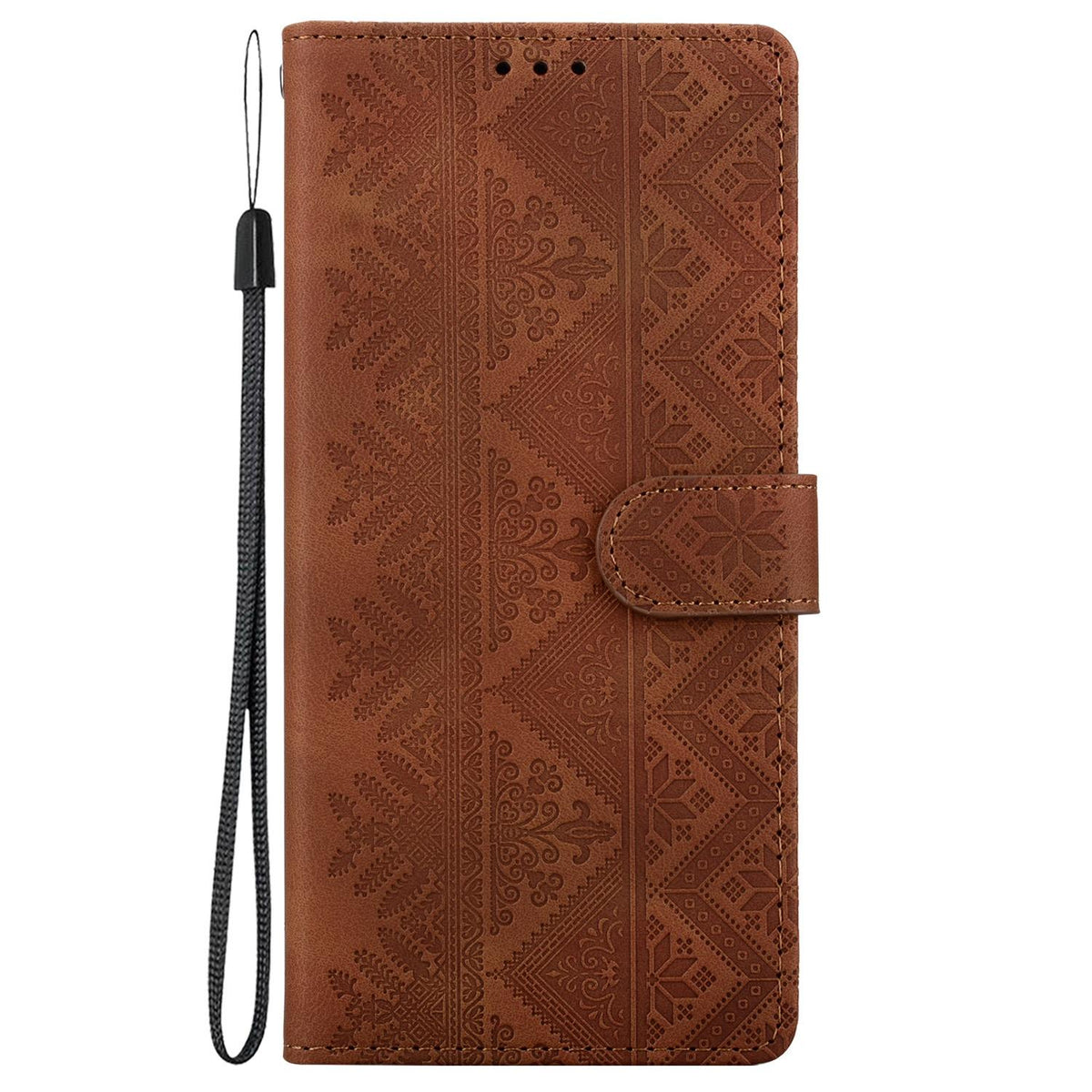 Compatible with iPhone 18 Pro Max Ethnic Pattern Embossed Vegan Leather Phone Case - Brown