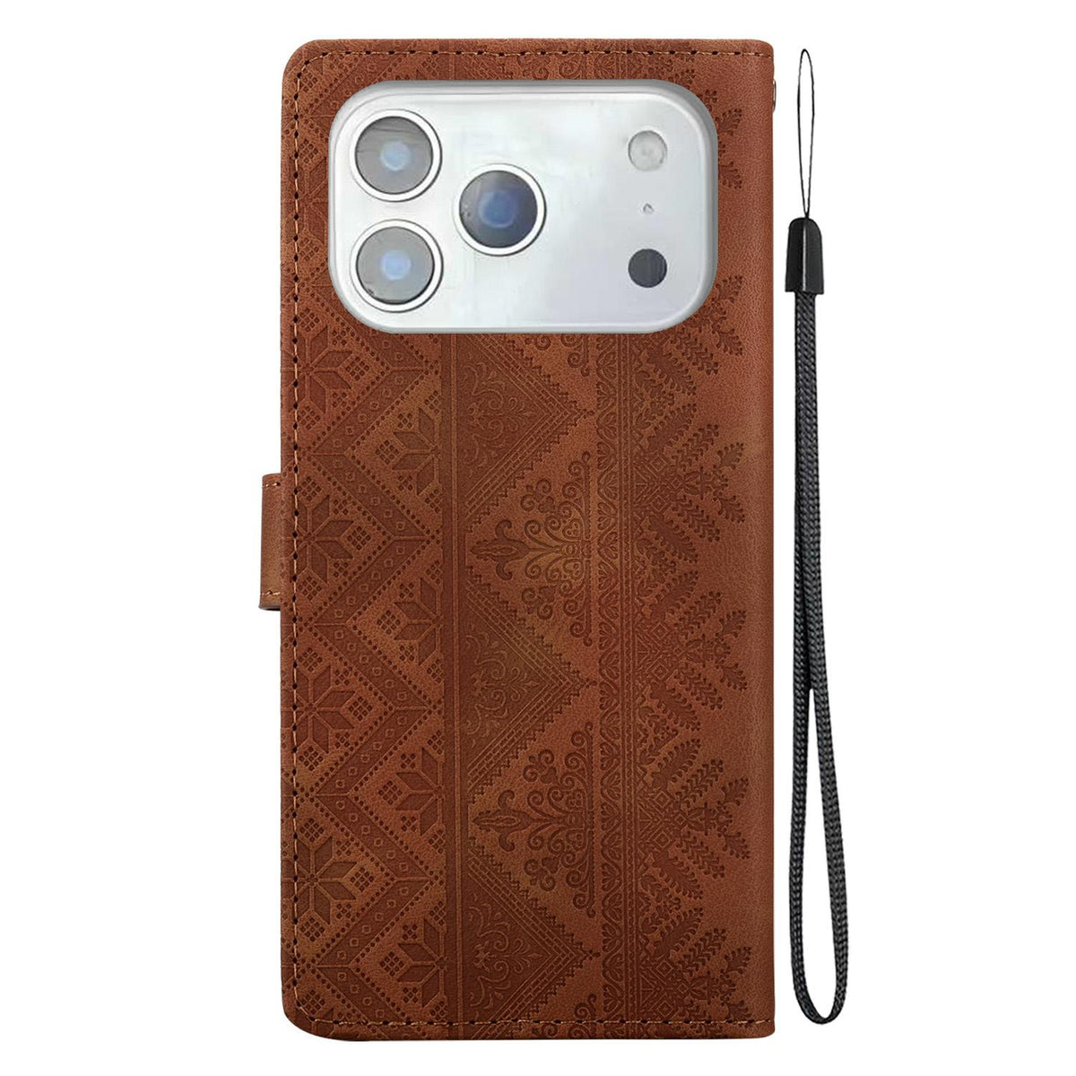 Compatible with iPhone 18 Pro Max Ethnic Pattern Embossed Vegan Leather Phone Case - Brown