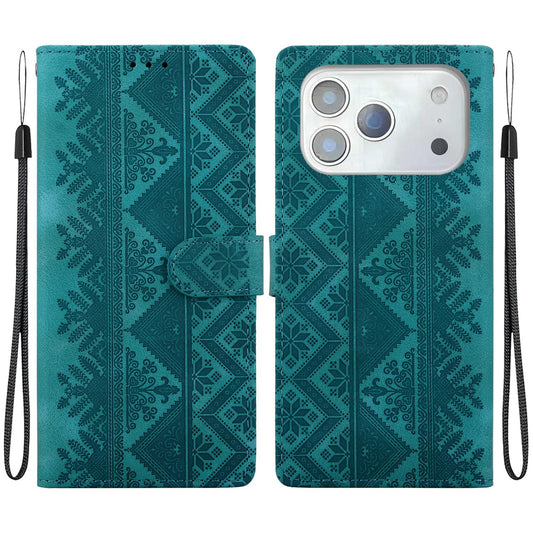 Compatible with iPhone 18 Pro Max Ethnic Pattern Embossed Vegan Leather Phone Case - Green