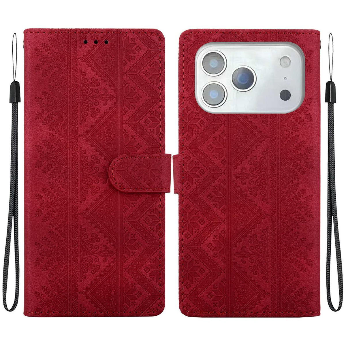 Compatible with iPhone 18 Pro Max Ethnic Pattern Embossed Vegan Leather Phone Case - Red