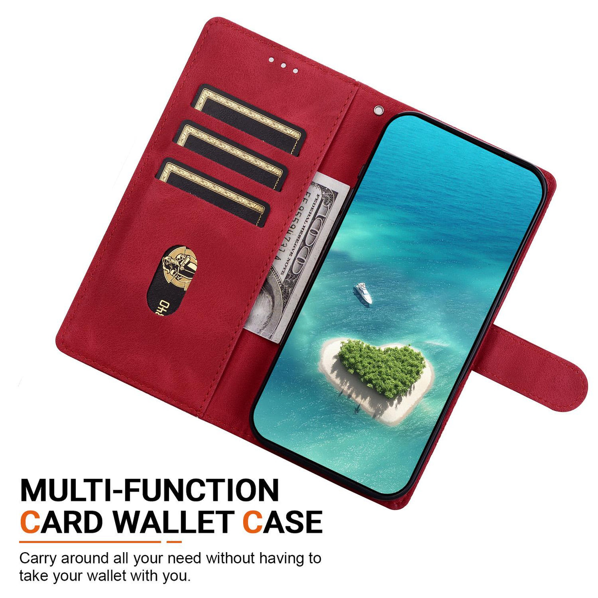 Compatible with iPhone 18 Pro Max Ethnic Pattern Embossed Vegan Leather Phone Case - Red