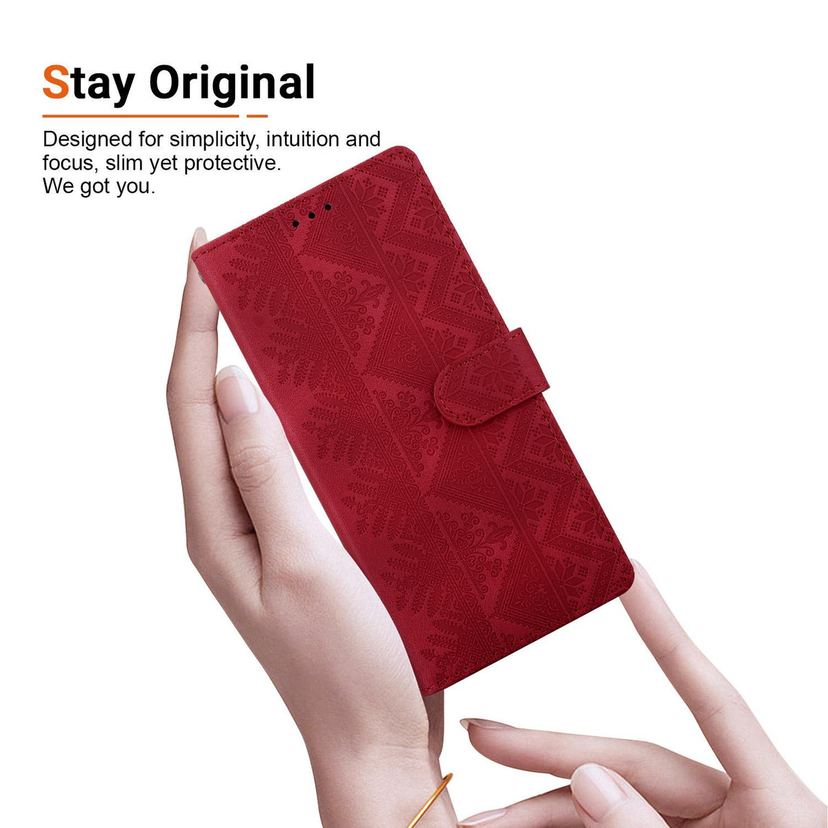 Compatible with iPhone 18 Pro Max Ethnic Pattern Embossed Vegan Leather Phone Case - Red