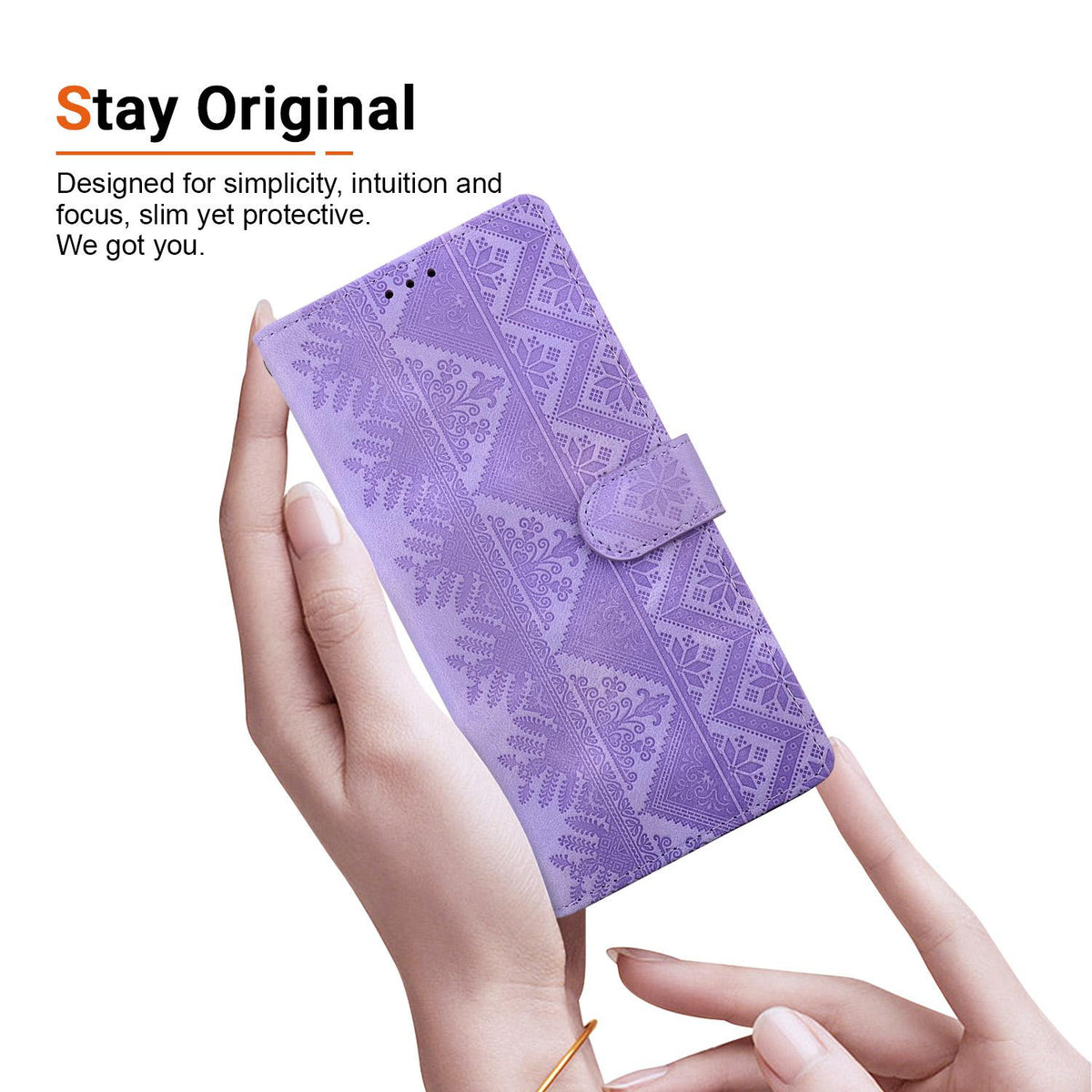 Compatible with iPhone 18 Pro Max Ethnic Pattern Embossed Vegan Leather Phone Case - Purple