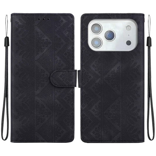 Compatible with iPhone 18 Pro Max Ethnic Pattern Embossed Vegan Leather Phone Case - Black