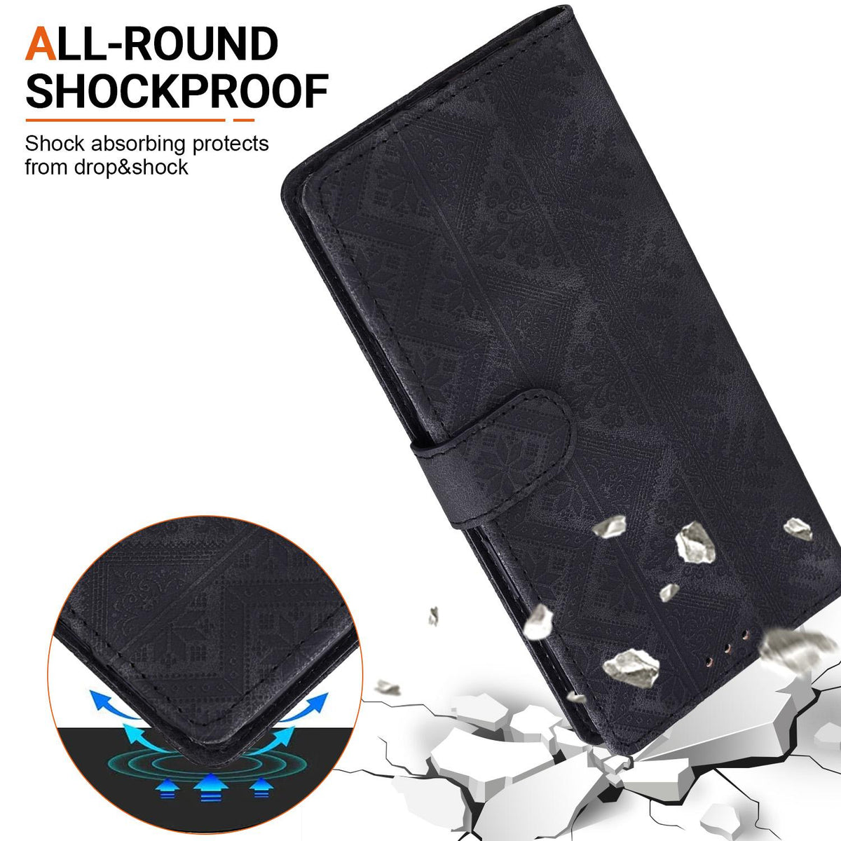 Compatible with iPhone 18 Pro Max Ethnic Pattern Embossed Vegan Leather Phone Case - Black