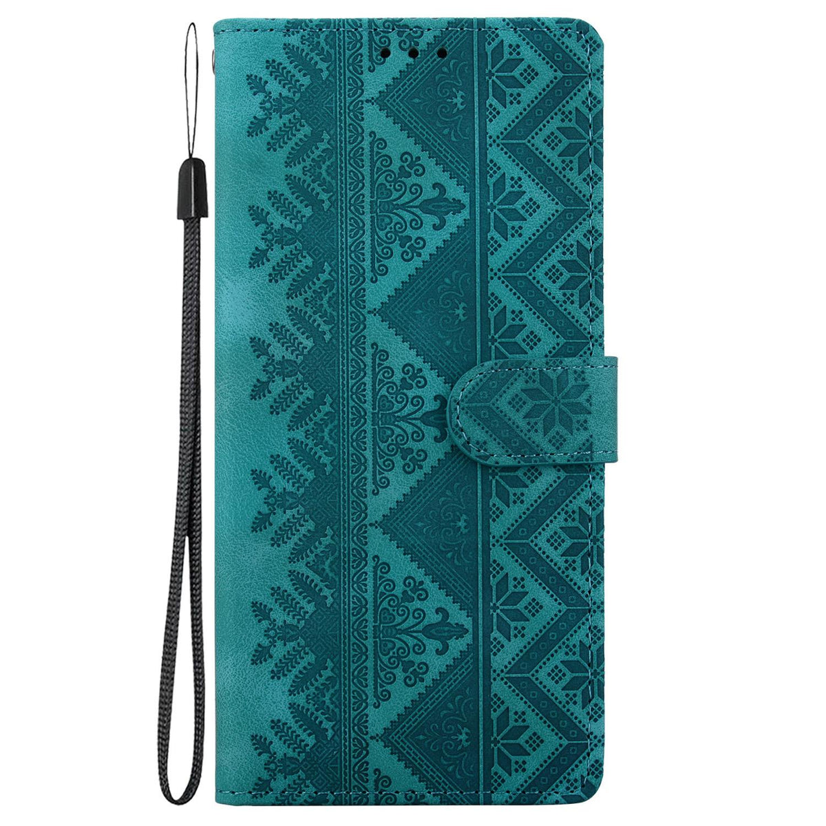Compatible with iPhone 18 Pro Ethnic Pattern Embossed Vegan Leather Phone Case - Green