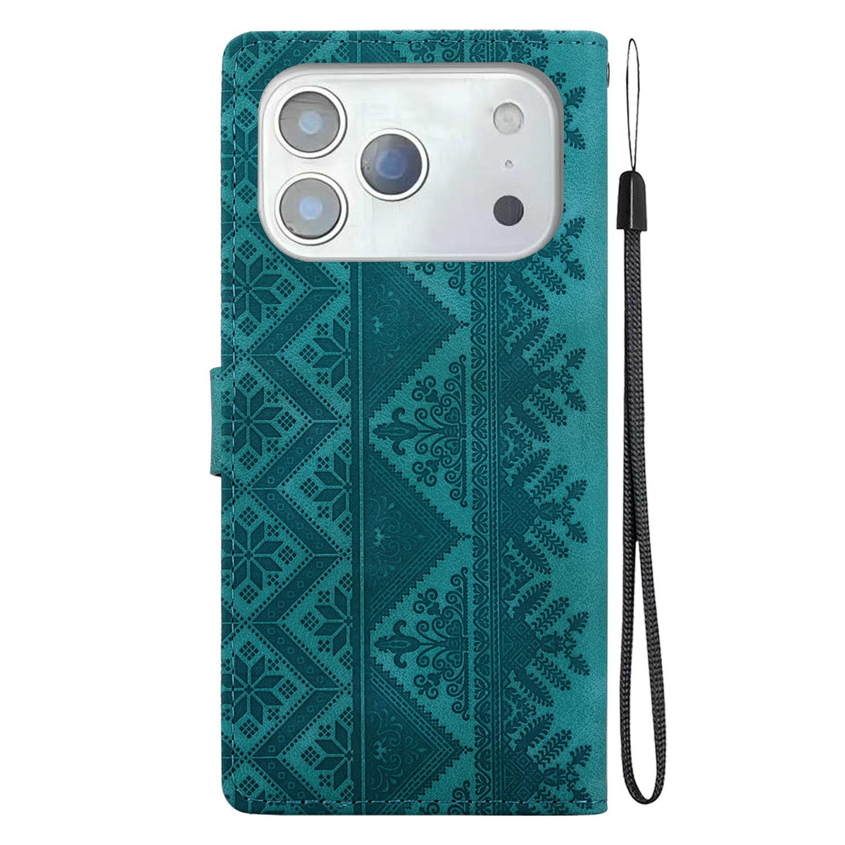 Compatible with iPhone 18 Pro Ethnic Pattern Embossed Vegan Leather Phone Case - Green