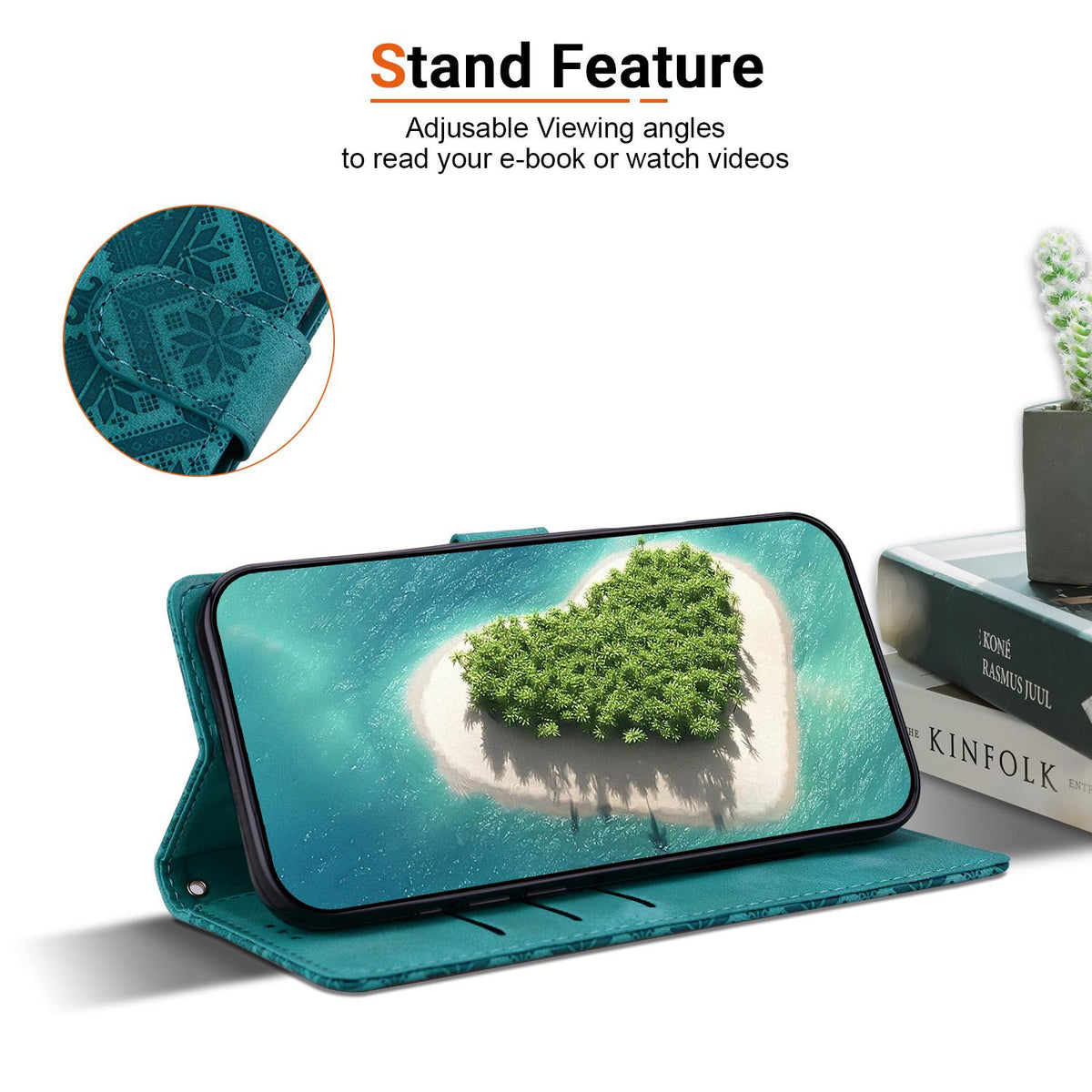 Compatible with iPhone 18 Pro Ethnic Pattern Embossed Vegan Leather Phone Case - Green