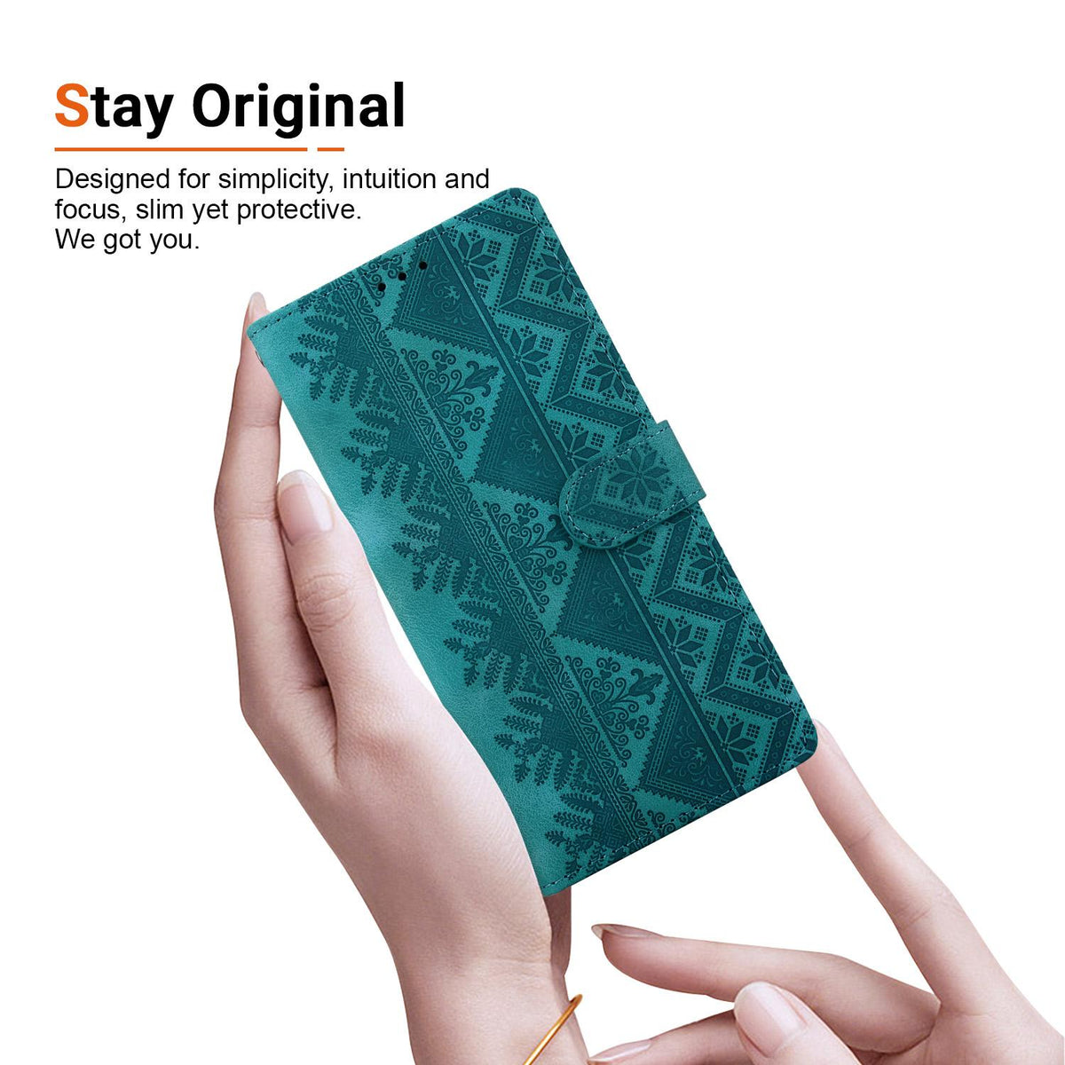 Compatible with iPhone 18 Pro Ethnic Pattern Embossed Vegan Leather Phone Case - Green