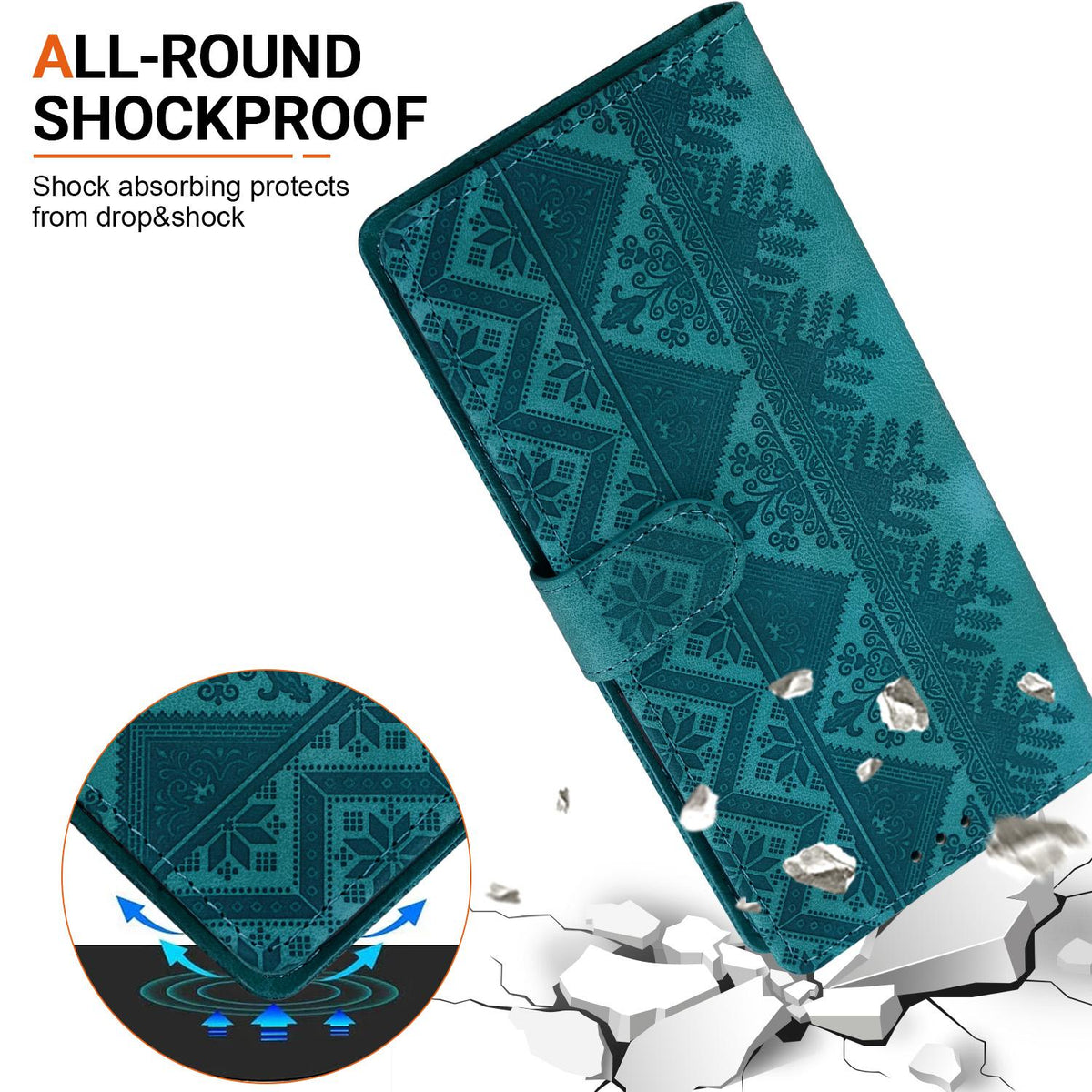Compatible with iPhone 18 Pro Ethnic Pattern Embossed Vegan Leather Phone Case - Green