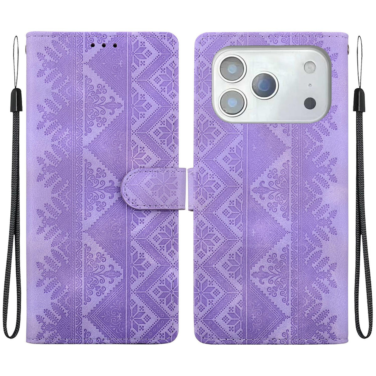 Compatible with iPhone 18 Pro Ethnic Pattern Embossed Vegan Leather Phone Case - Purple