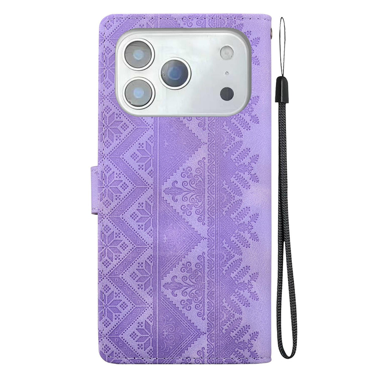 Compatible with iPhone 18 Pro Ethnic Pattern Embossed Vegan Leather Phone Case - Purple