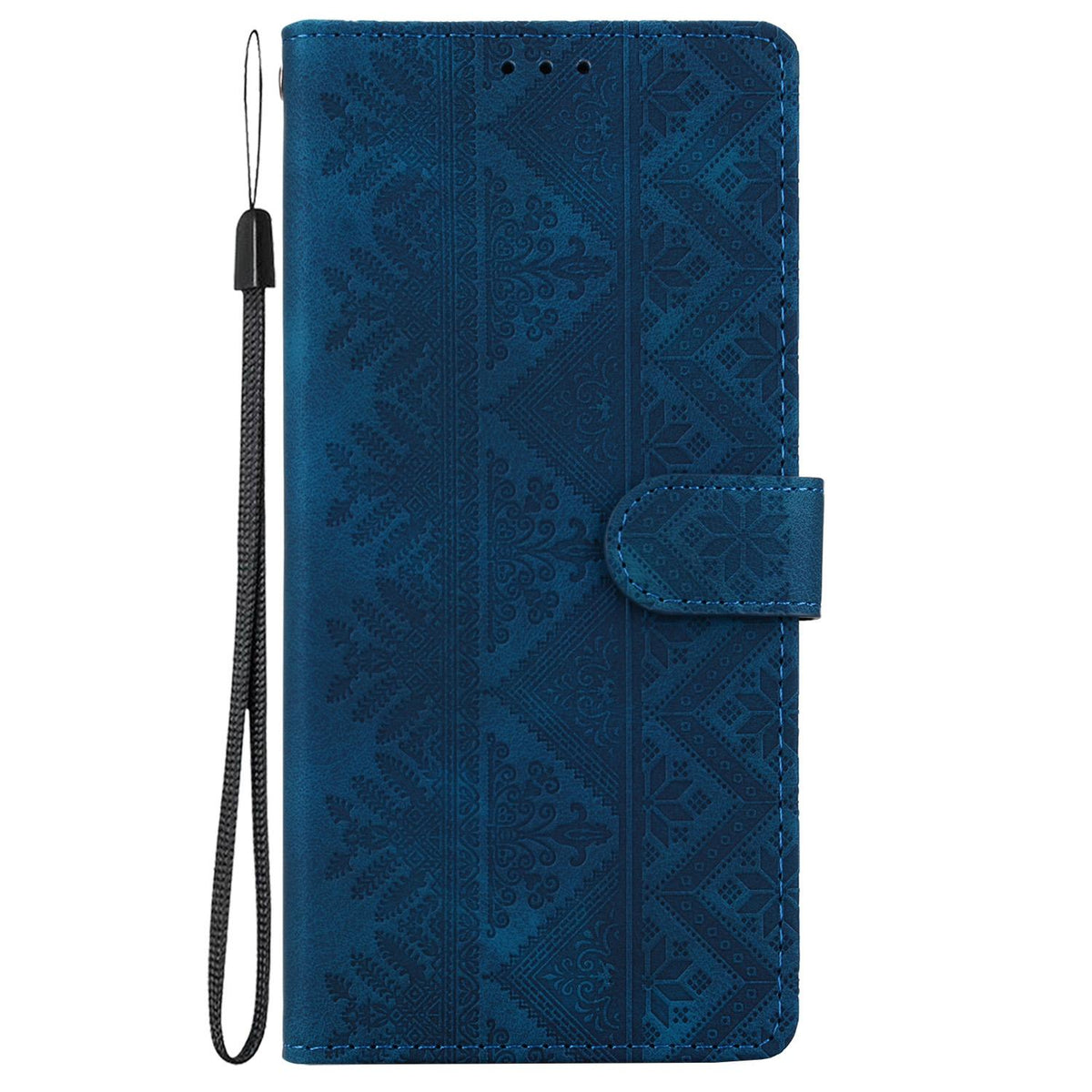 Compatible with iPhone 18 Pro Ethnic Pattern Embossed Vegan Leather Phone Case - Dark Blue