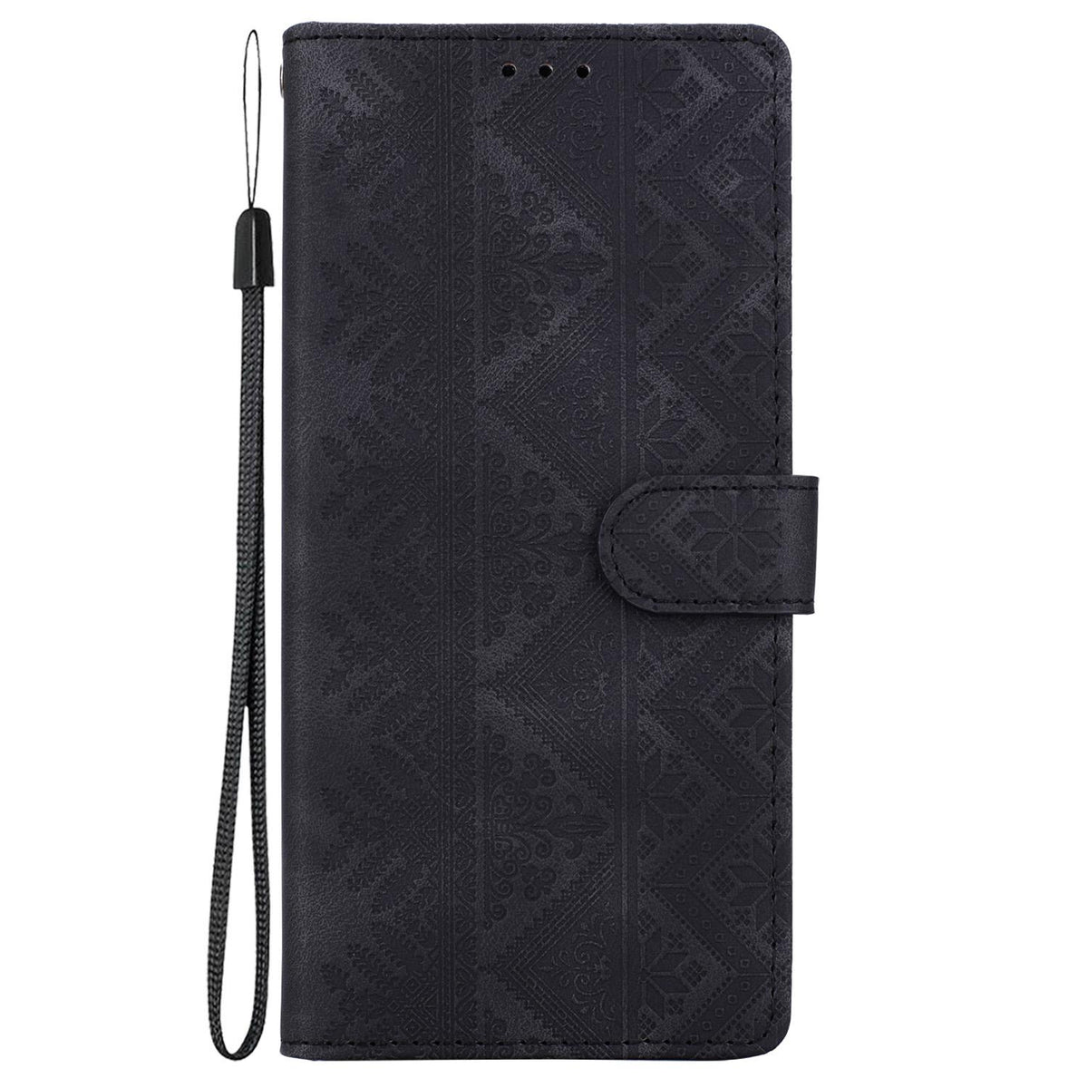 Compatible with iPhone 18 Pro Ethnic Pattern Embossed Vegan Leather Phone Case - Black