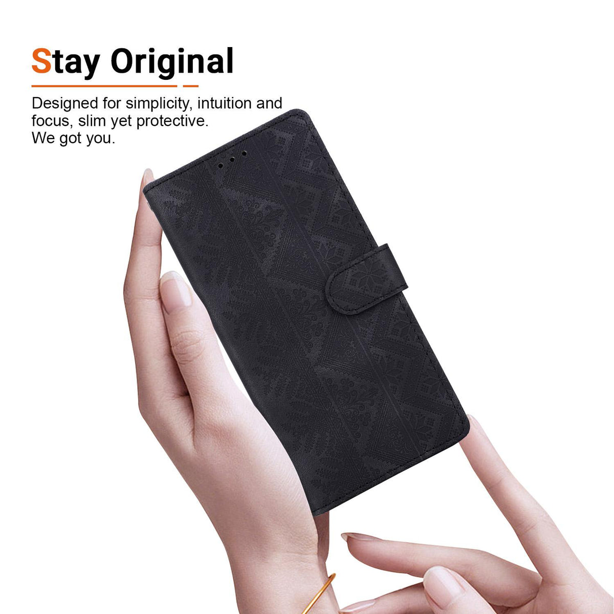 Compatible with iPhone 18 Pro Ethnic Pattern Embossed Vegan Leather Phone Case - Black