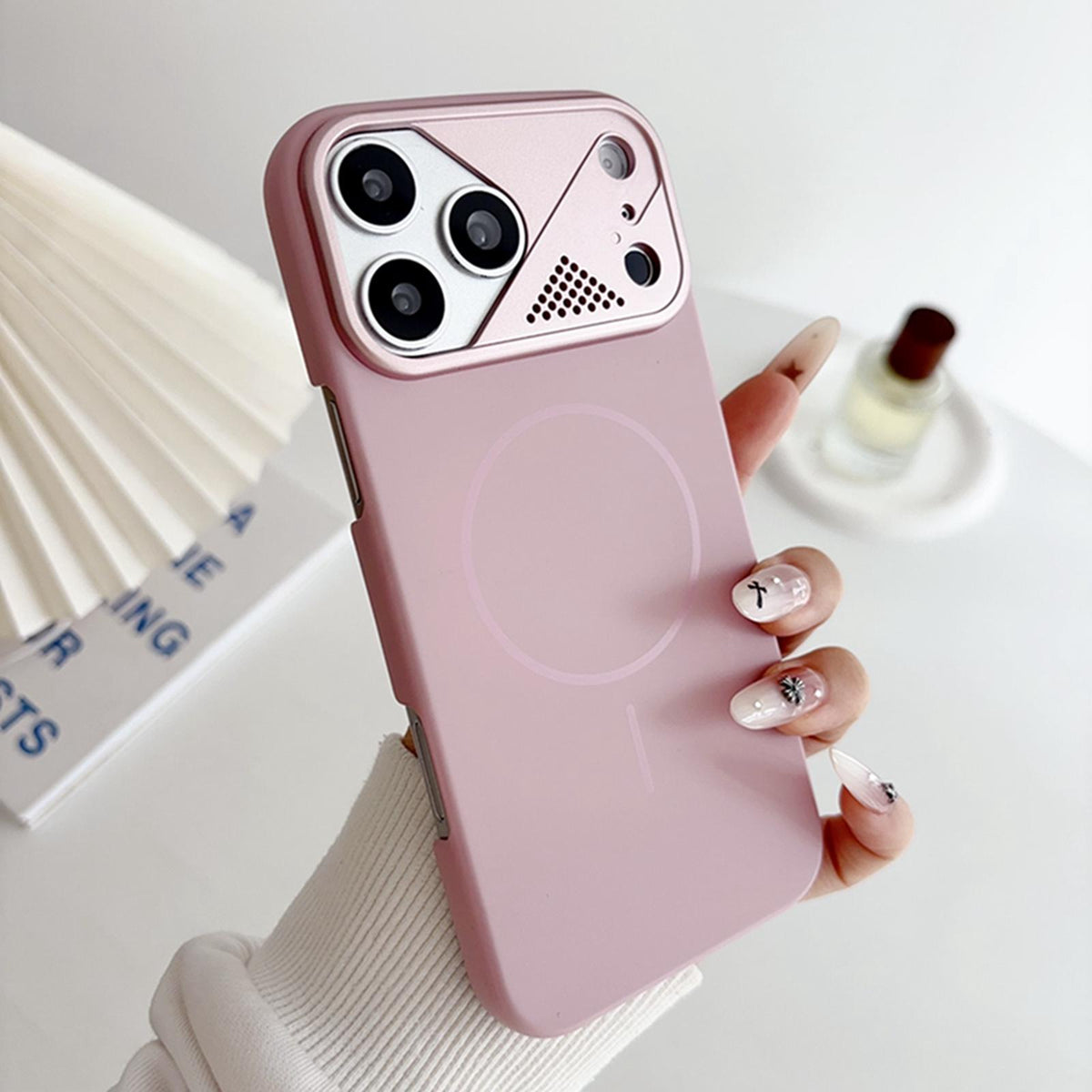 Compatible with iPhone 18 Pro Max Ultra-thin Gold Armor PC Magnetic Phone Case - Sakura Pink