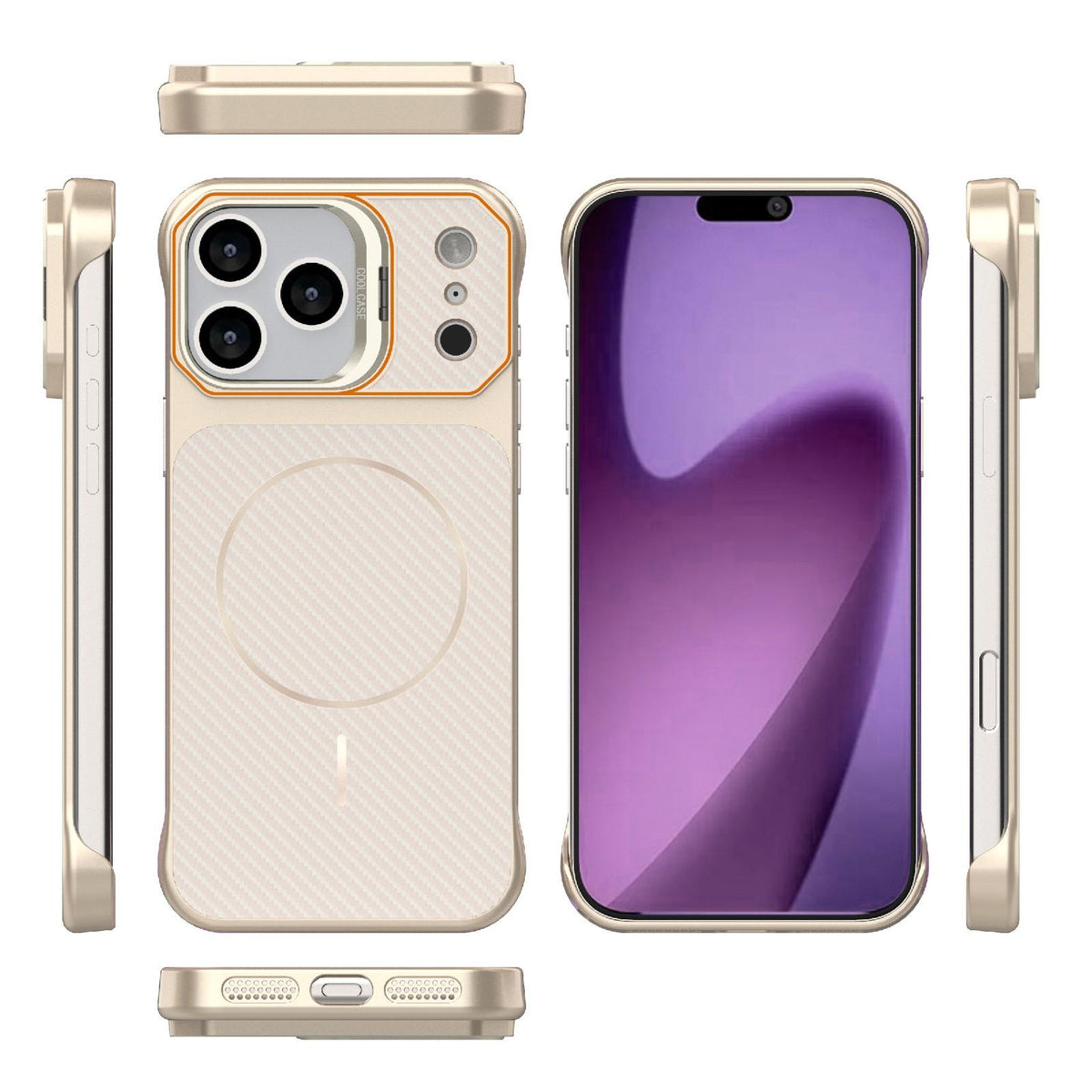 Compatible with iPhone 18 Pro Frameless Half-Wrapped Carbon Fiber Texture PC Magnetic Phone Case - Rose Gold